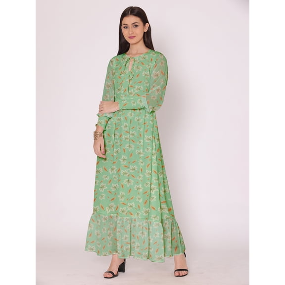 DressBerry Women's Printed Floor Length Georgette Dress Puff Sleeves Tiered Summer Wear Flared Maxi Dress