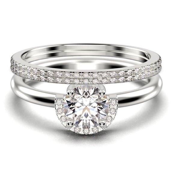 Fairy Minimalist 2.25 Carat Round Cut Diamond Moissanite Engagement Ring Wedding Ring, Two Matching Band in 10k Solid White Gold Shank, Gift For Her, Promise Ring, Anniversary, Trio Set