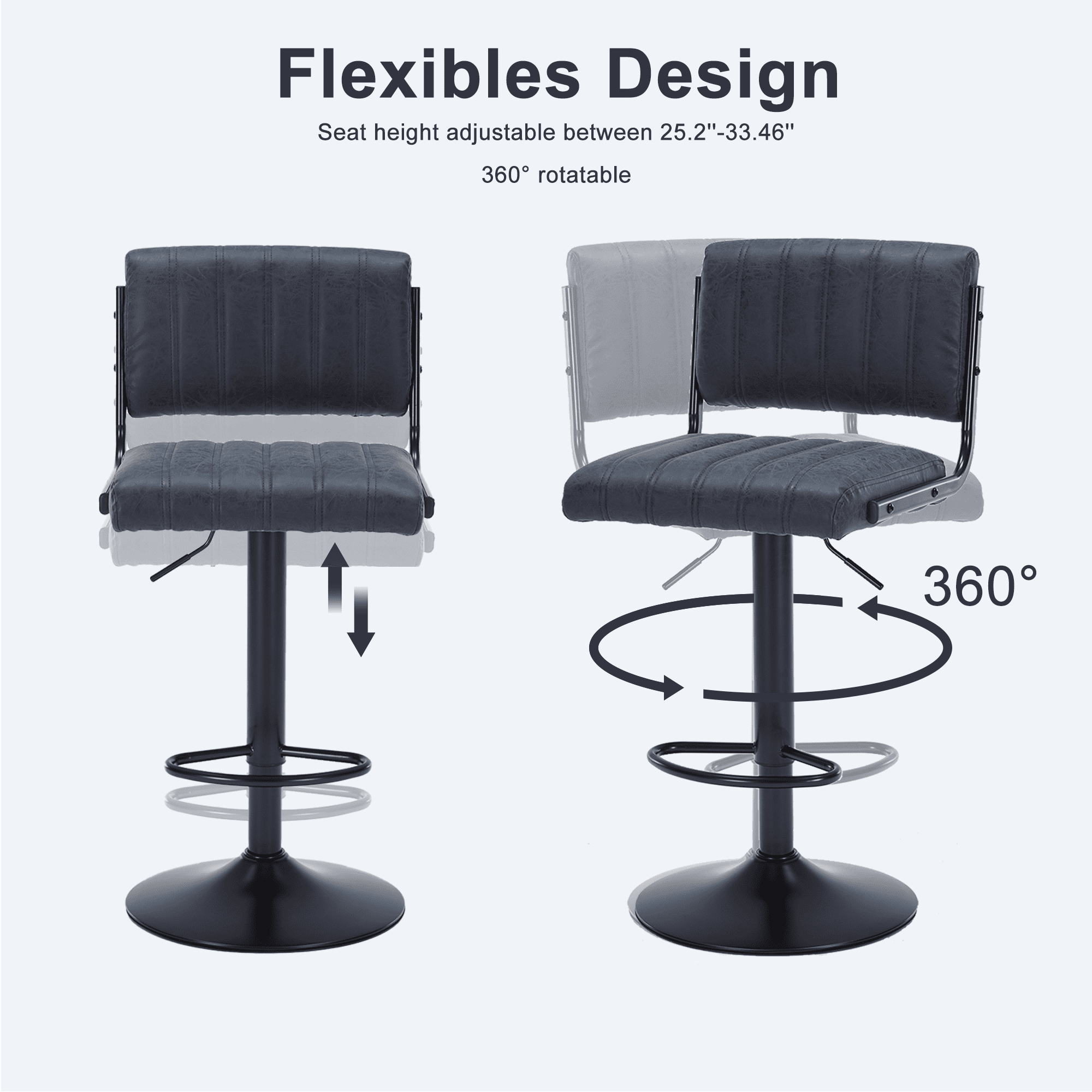 ENYLAY Adjustable Swivel Bar Stools Set of 4, Modern Faux Leather Counter Height Bar Chairs with Mid Back & Footrest for Kitchen Island Home Bar Pub, Black