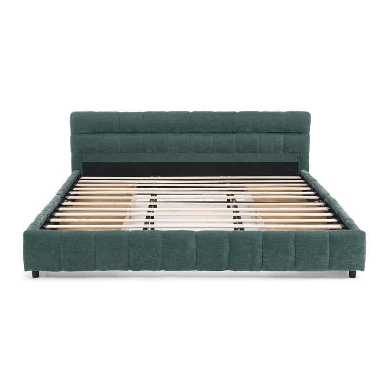 King Size Upholstered Platform Bed with 4 Storage Drawers, Low-Profile Chenille Grounded Bed with Headboard and Solid Frame, No Box Spring Needed