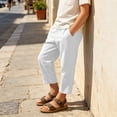 thumbnail image 4 of JOANKDMI Boys Cotton Linen Casual Pants Lightweight Elastic Waist Trousers Loose Fit Cropped Ankle Pants for Kids Summer Beach Vacation Lounge Wear with Pockets, 4 of 9