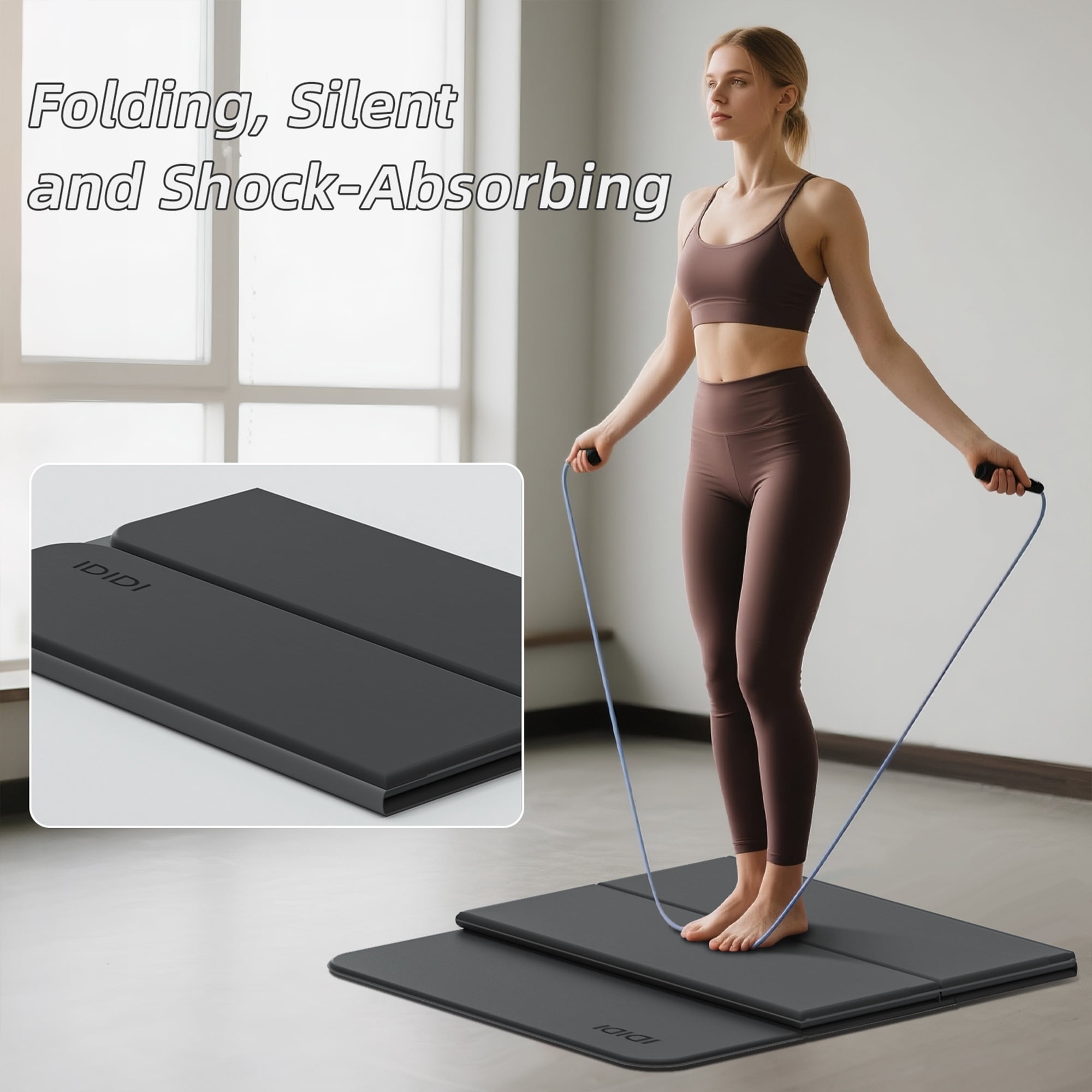 IDIDI Foldable Yoga Mat, 8mm Thick, Non Slip Exercise Mats For Home and Travel, Quick Unfold/Stor, Flat Lay No Curl Design(Grey+Black)