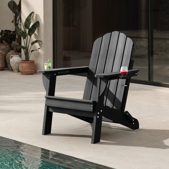 Folding Adirondack Chair, All-Weather HDPE Patio Chair with Cup Holders, Black