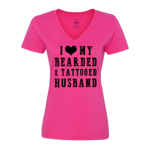 Inktastic I Love My Bearded and Tattooed Husband Women's V-Neck T-Shirt