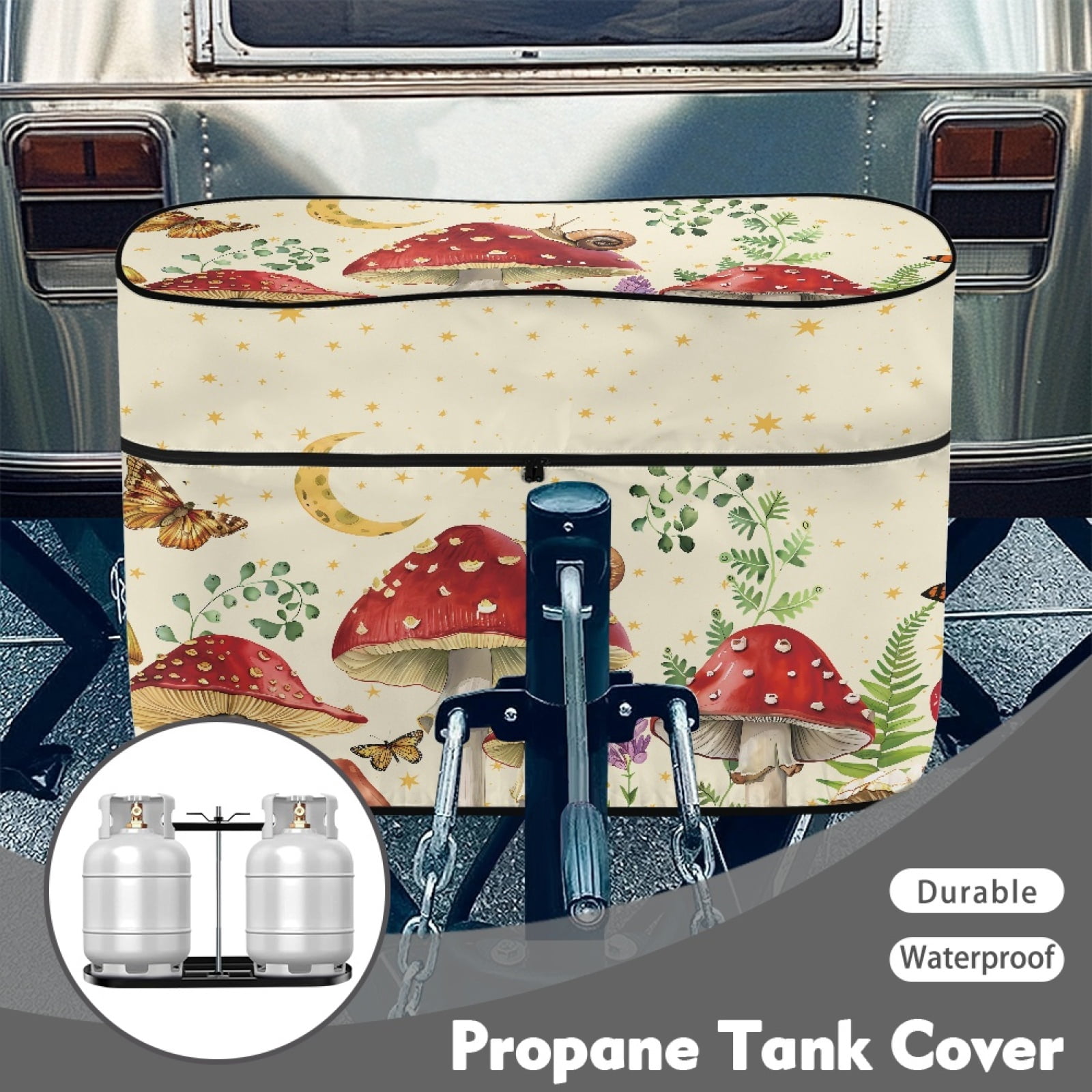 Yuyamidu Aesthetic Mushroom RV Propane Tank Cover for Travel Trailer, Dual 30lb Gas Cylinder Cover Butterfly Camper Propane Tank Protection RV Accessories with Zipper