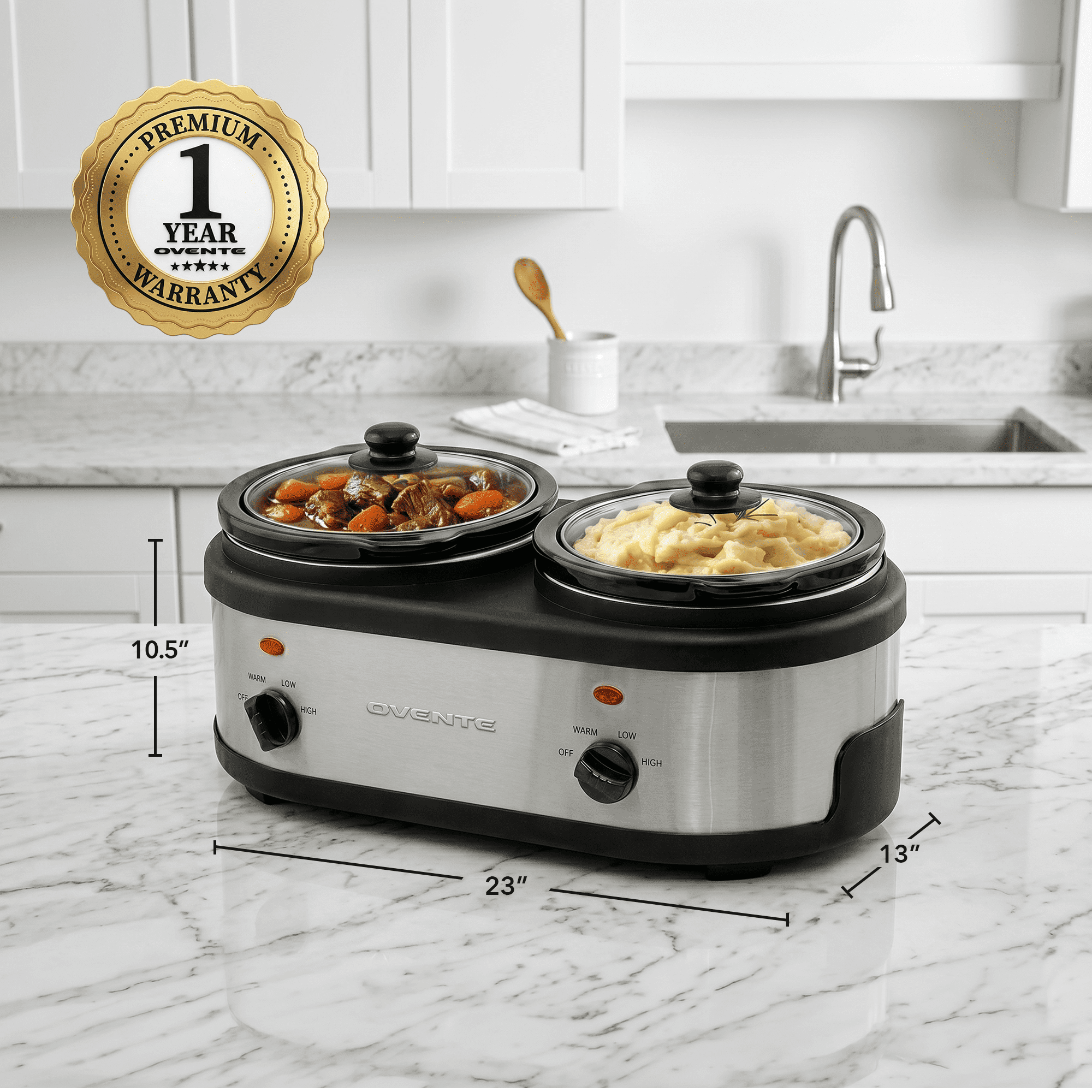 OVENTE Double Slow Cooker, Buffet Server and Warmer with Two 1.5Qt Removable Ceramic Pot, Adjustable Temperature Control and Tempered Glass Lid for Parties, Gatherings and Holidays, Silver SLO215BR