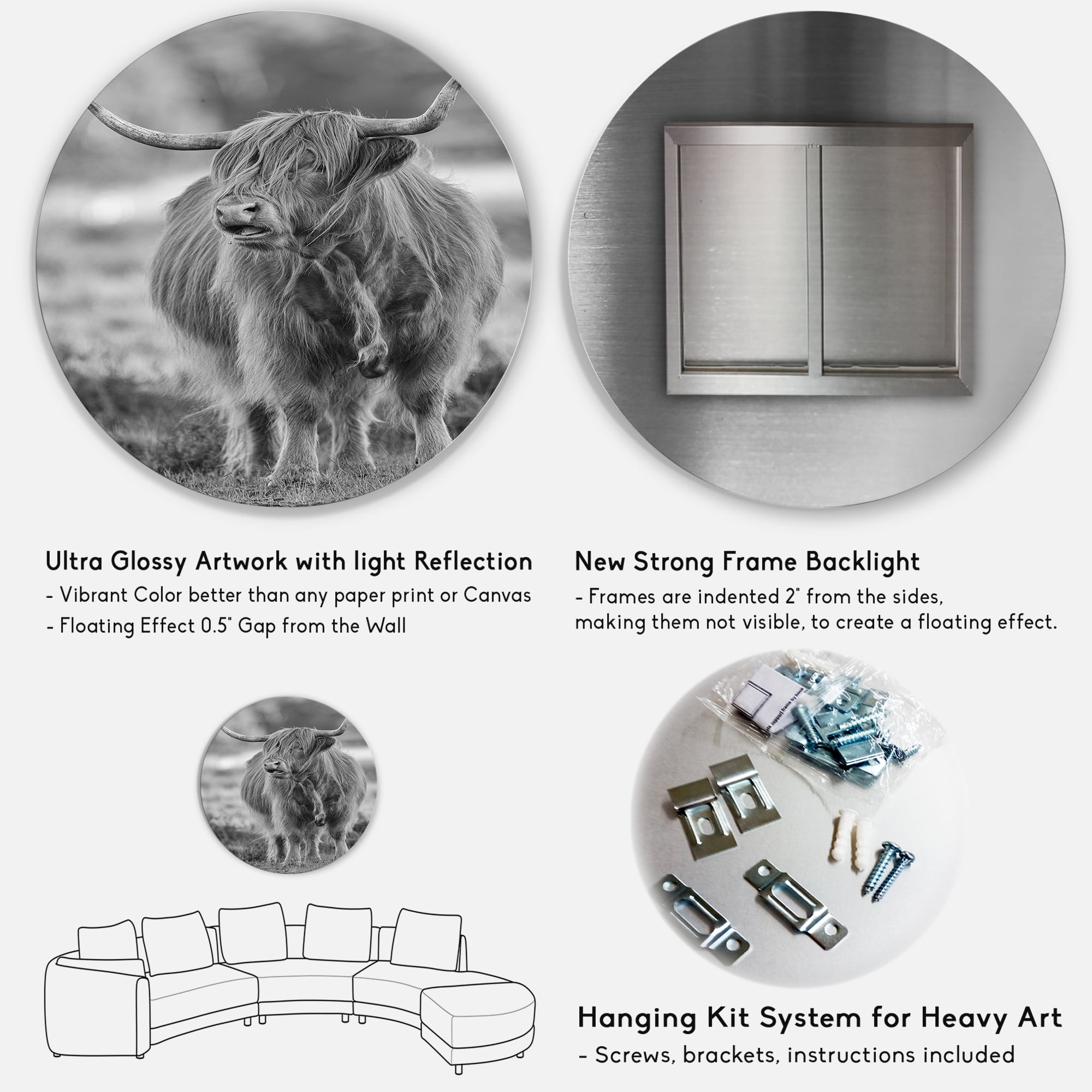 Designart 'Close Up View of Monochrome Bull' Farmhouse Circle Metal Wall Art 29x29 - Disc of 29