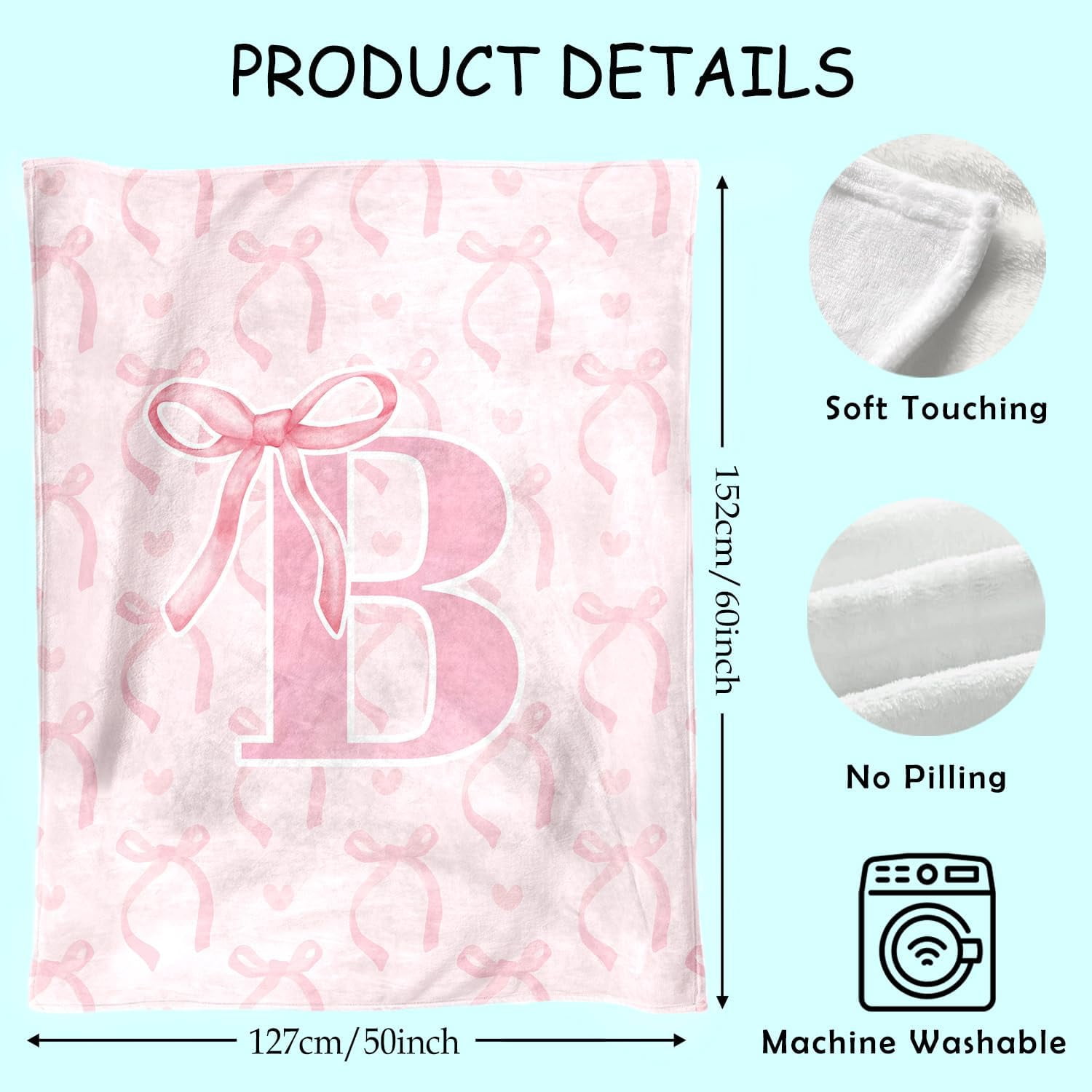 Coquette Pink Bow Blanket,Personalized Initial B Soft Fluffy Cozy Flannel Blanket,Monogrammed Gifts for Daughter Women Teen Women,Customized Blanket for Bedding Bedroom Office,50x60 Inches