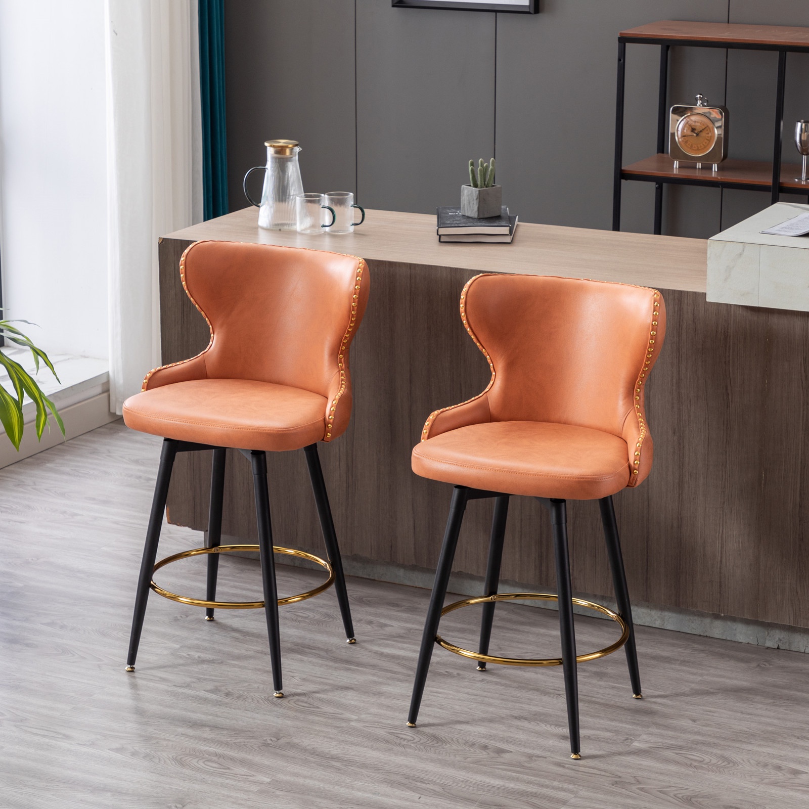 PORKISS Bar Stools Set of 2, 180° Swivel Bar Stool Chair, Modern PU Leather Bar Chairs for Home and Kitchen Counter, Orange