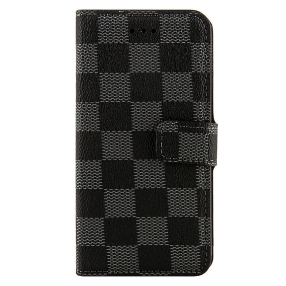 Checkered Vegan Leather Wallet Stand Case for Apple iPhone 6 / 6S With 3 Dedicated Card Slots, Cash Slot, and Magnetic Cover / Flap (Black)