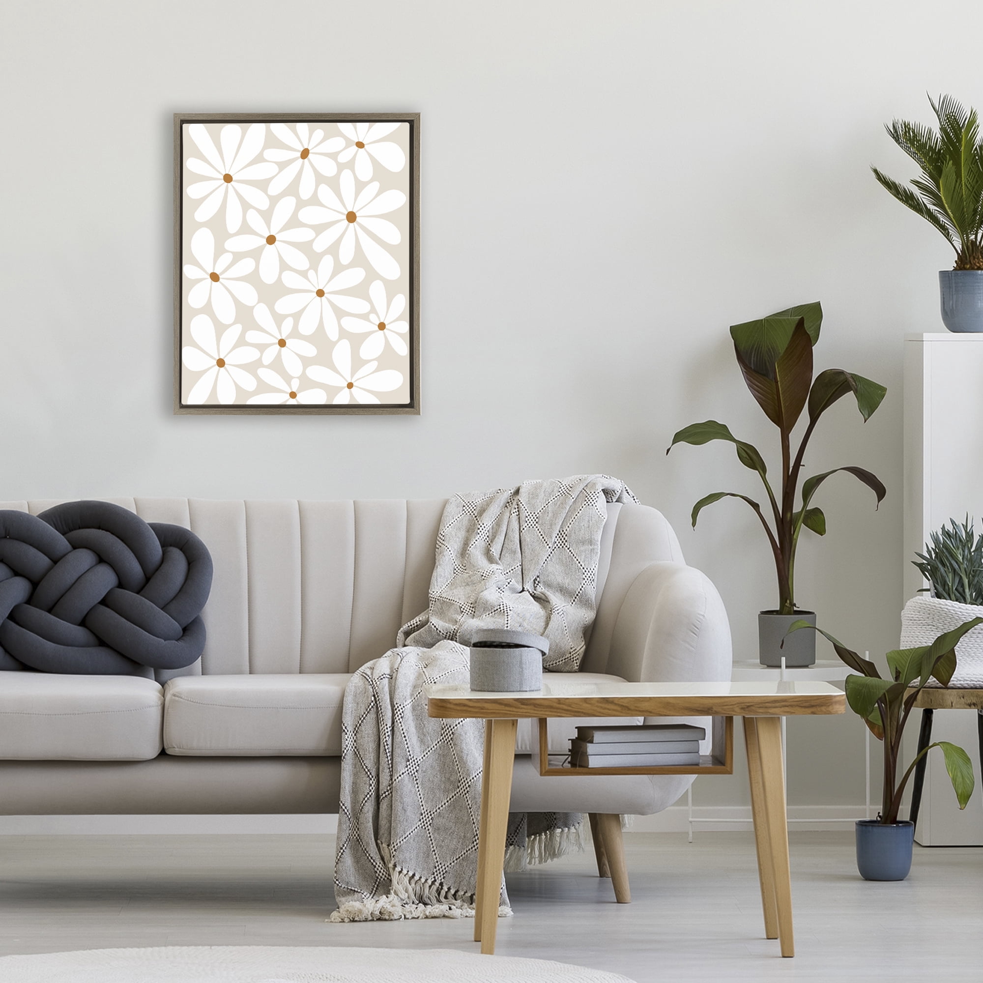 Stupell Industries Beige & White Daisies Brown Framed Floater Canvas Wall Art, design by Susan Ball