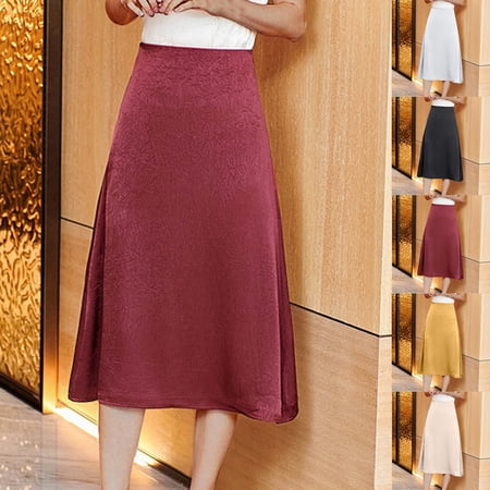 Jinhomg Womens A Line Skirt Elegant High Waist Midi Skirt Dressy Casual Solid Ankle Length Work Skirt Ladies Stain Business Office Outfits Black S