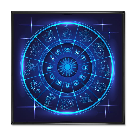 Designart 'Zodiac Signs With Neon Deep Blue Horoscope Circle' Modern Framed Canvas Wall Art Print