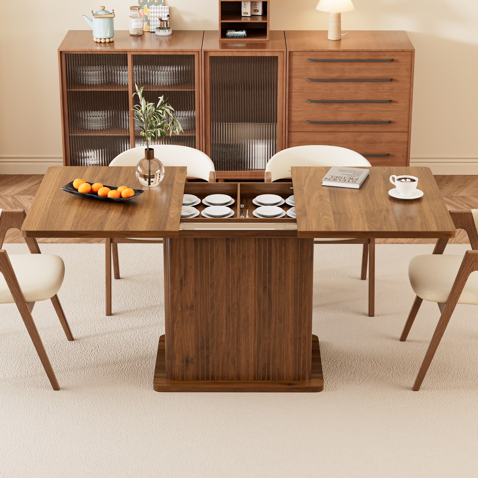Extendable Dining Table for 4-8, Rectangle Dining Room Table with Storage, Modern Kitchen Table for Dinner, Living Room, Walnut
