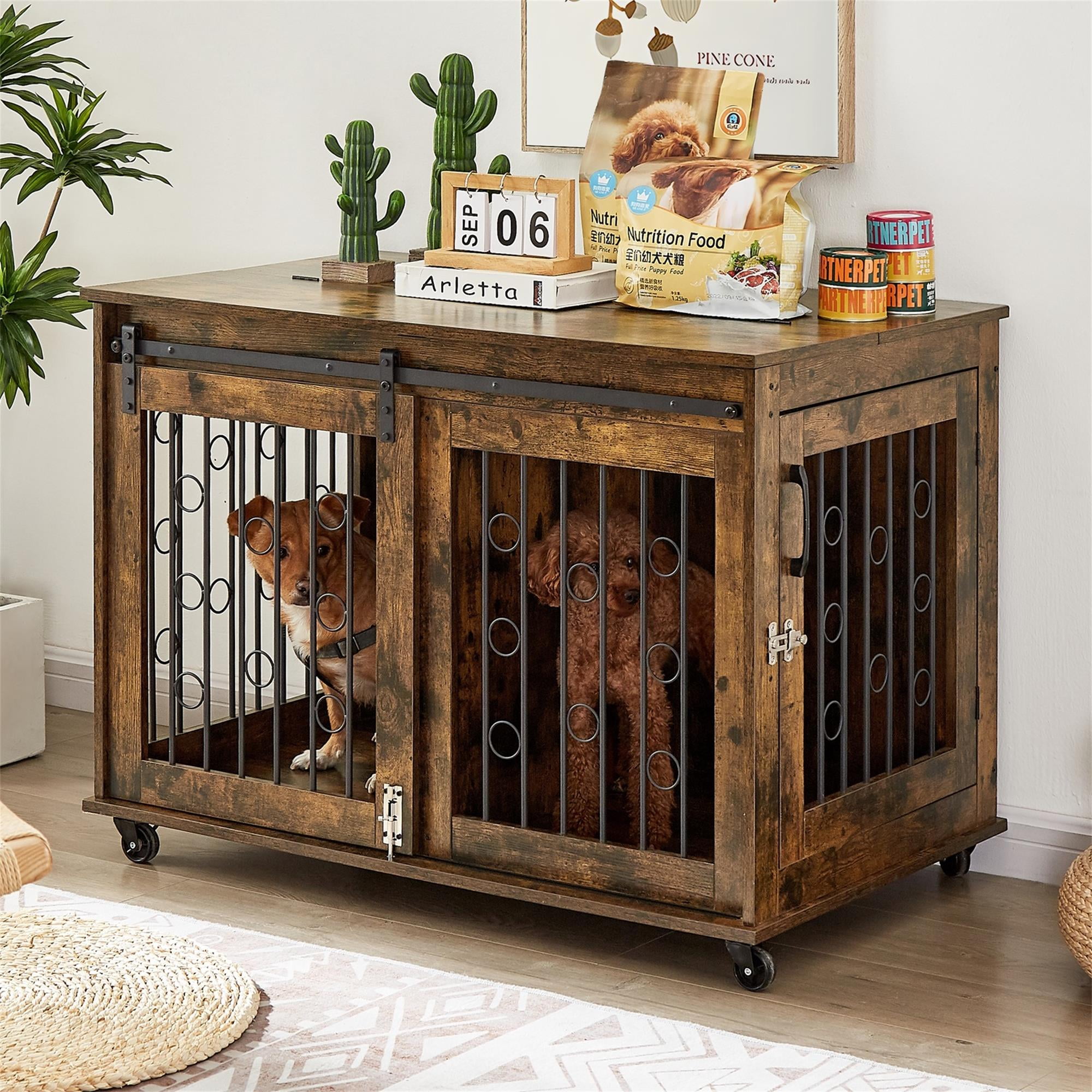 Pefilos 39" Dog Crate for Medium Dogs Sliding Door Wooden Dog Cage with