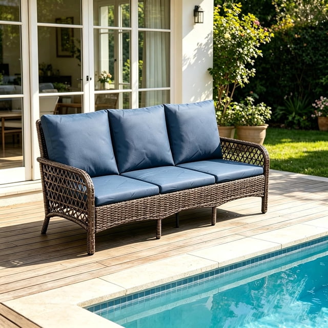 AECOJOY Rattan Patio Conversation Set with 3 Seater Sofa, Dark Blue