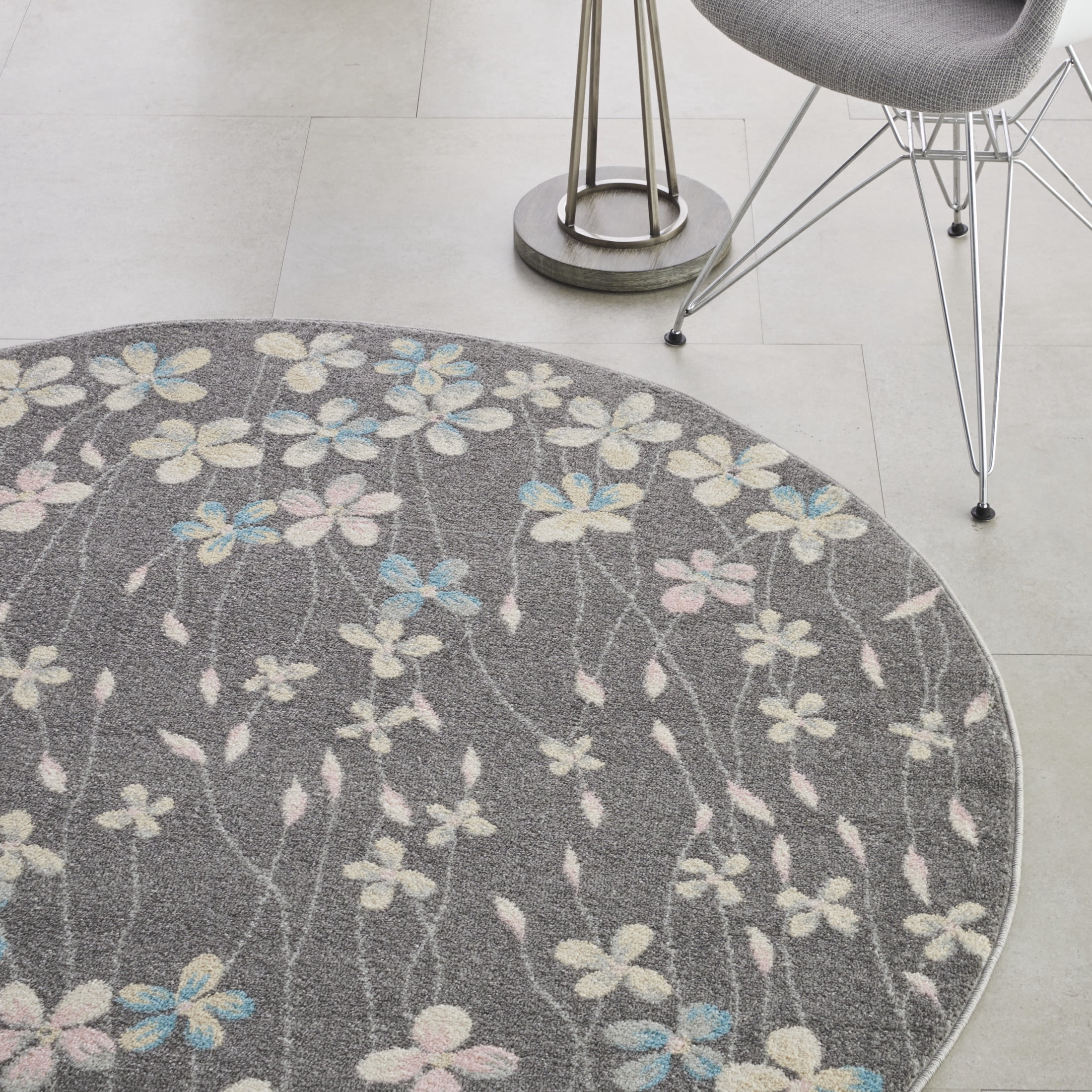 Nourison Tranquil Floral Grey/Beige 5'3" x ROUND Area Rug, (5 Round)