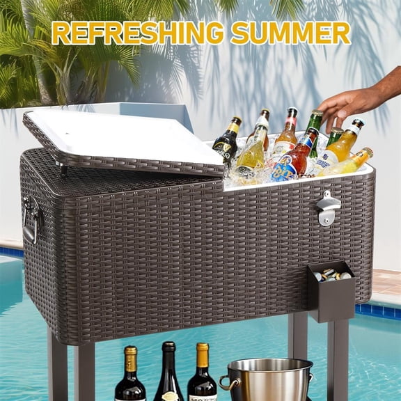 Stylish 80QT Rattan Cooler with Sturdy Square Legs and Convenient Shelf for Ultimate Outdoor Refreshment