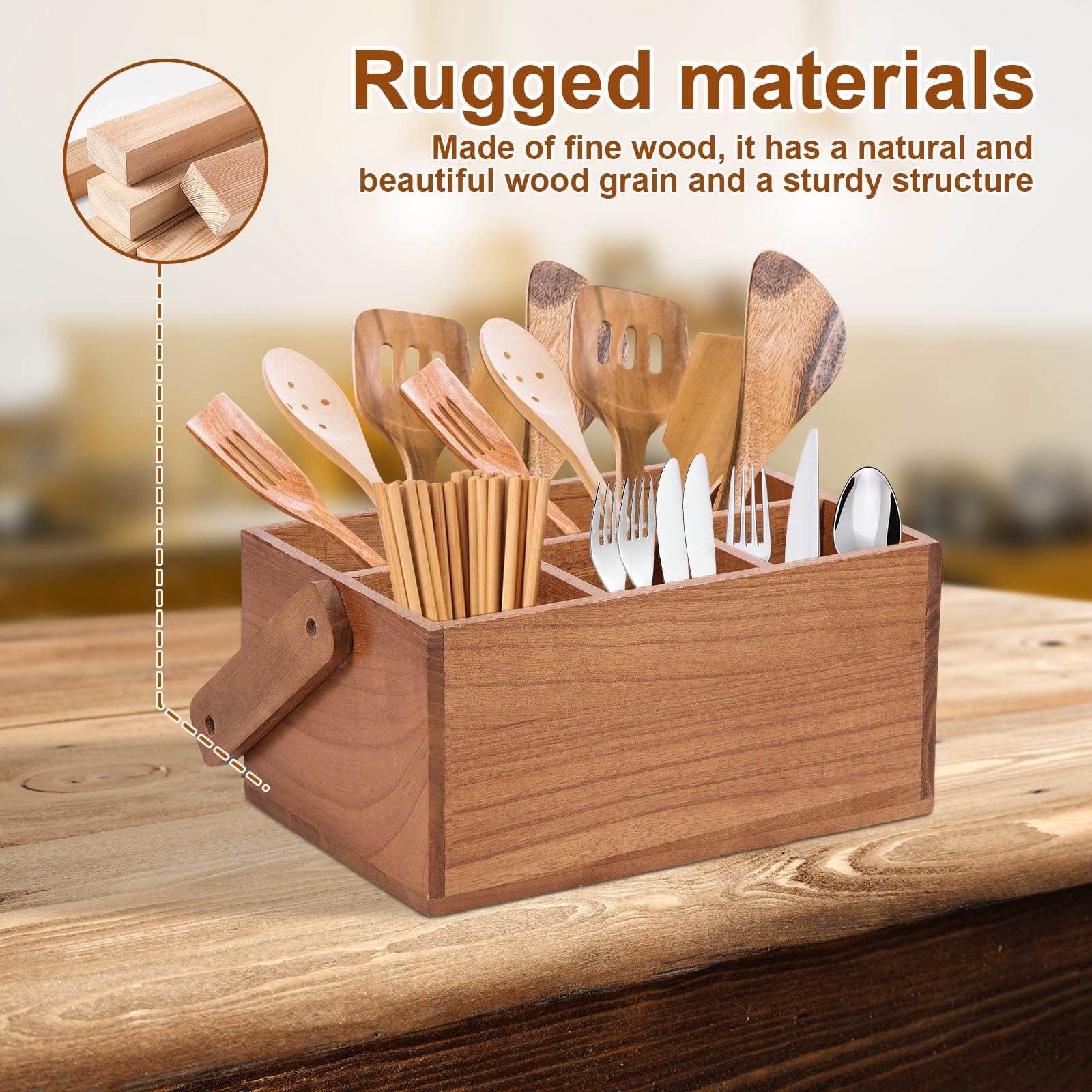 Wood Silverware Caddy with Handle 4 Compartments Utensil Holder Kitchen Cutlery Holder Multipurpose Organizer for Kitchen Office Bathroom Bedroom