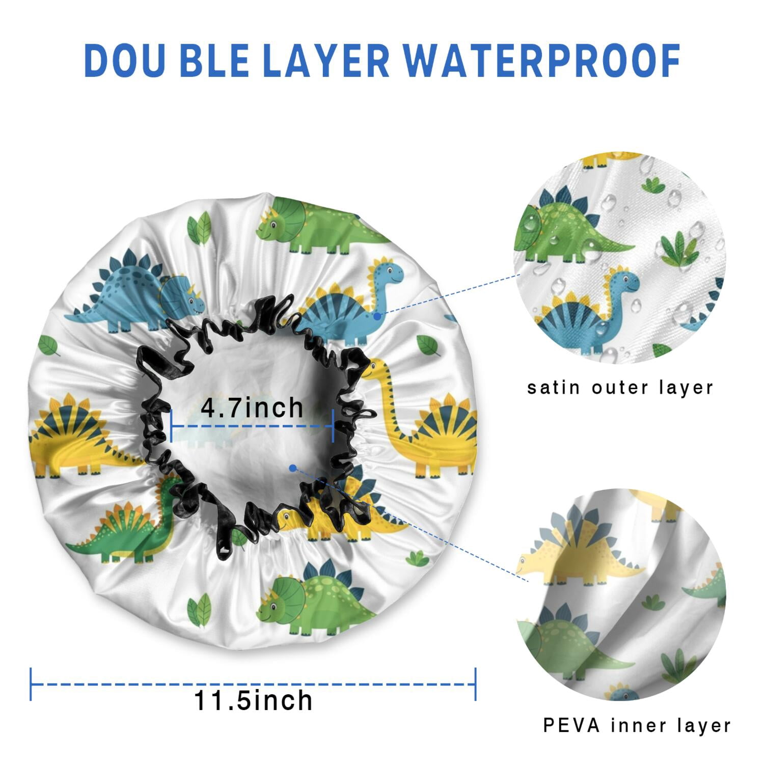 Shower Caps,White Dinosaurs Plants Leaves Pattern Waterproof Shower Cap for Women 4 Pieces,Double Reusable Hair Cover for Shower PEVA Elastic Stretch Hem