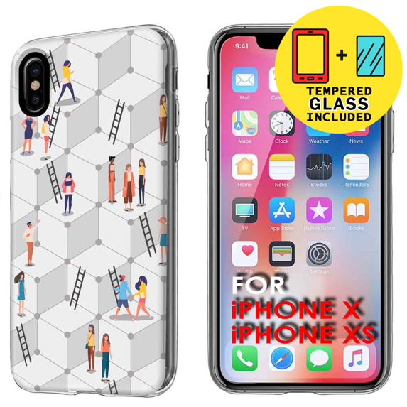 Clear TPU Phone Case for Apple iPhone XS,X,Tiny People Cube Mountain,Temper Glass Included,Combo