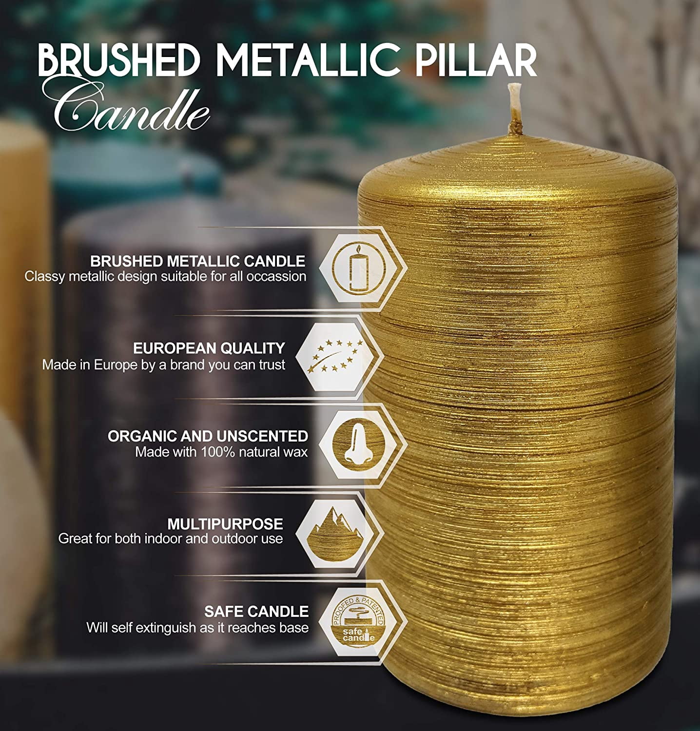 Hyoola, 2.75 x 5 Unscented Gold Brushed Metallic Rustic Pillar Candles, Paraffin Wax with Cotton Wicks, 6-Pack