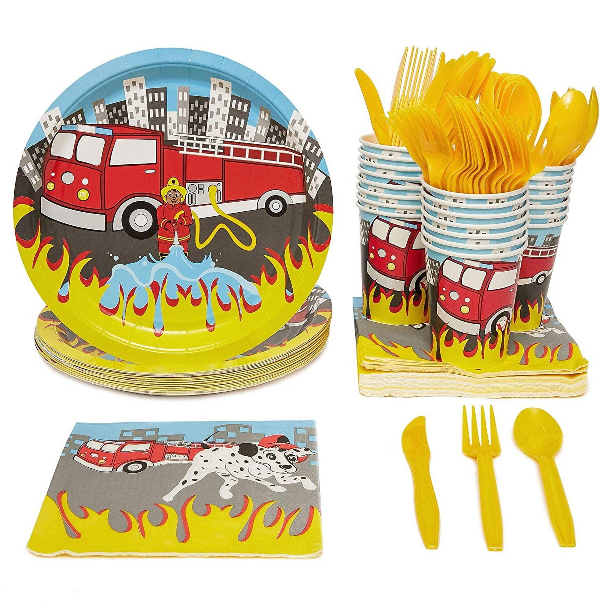 Dessert Plates Cieovo Fire Truck Tableware Set for 16 Guests Including Dinner Plates Cups for Firetruck Theme Baby Shower Family Activity Kids Birthday Fireman Party Supplies Decorations Lunch Napkins