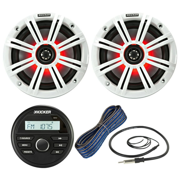 Kicker All-Weather Marine Gauge Style Bluetooth USB Stereo Receiver Bundle Combo with (QTY 2) 6.5" 2-Way 195W Max Coaxial Marine LED Speakers w/ White Grilles, 16-Gauge Wire, 22" Antenna