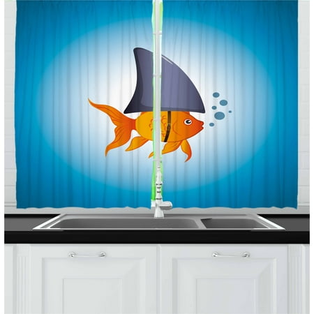 Cream Gray And Blue Living Room Shark Curtains 2 Panels Set, Little Goldfish Wearing A Shark Fin to Scare Predators Success Concept, Window Drapes for Living Room Bedroom, 55W X 39L Inches, Violet Blue Grey Orange, by Ambesonne ()