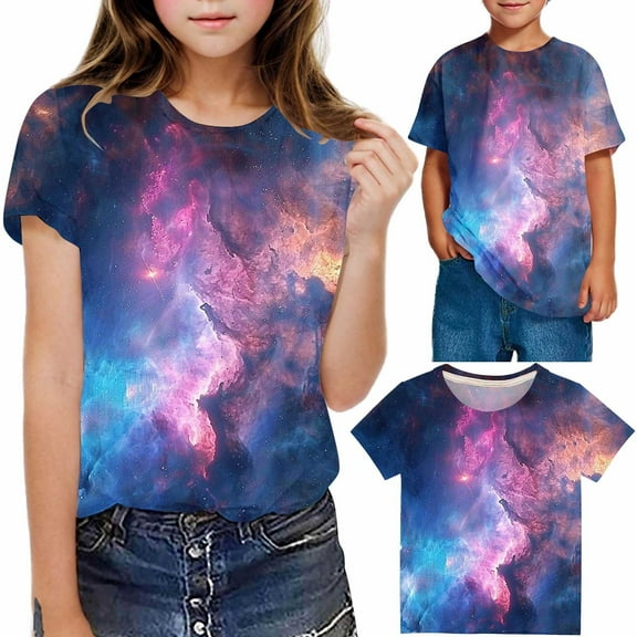 Frwgonr Girls T-Shirts Soft Space Tees Kids Boys Casual Tshirts Clothes Summer Tops Blue, Size 3-14 Years