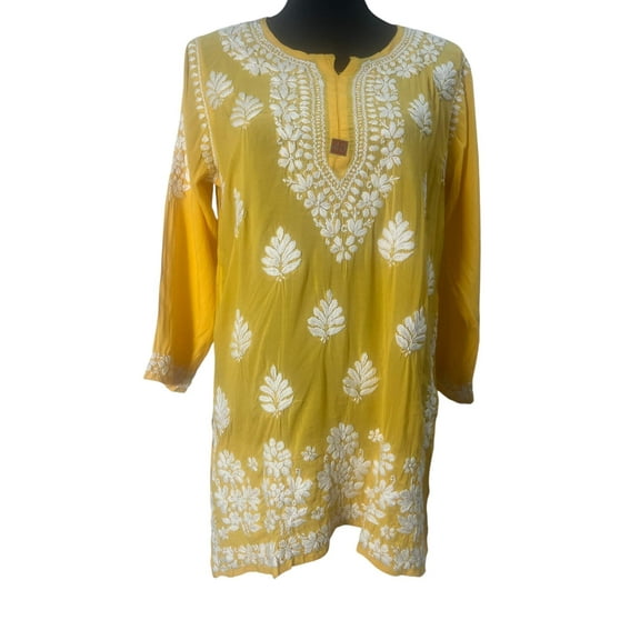 Shop the Talahi Indian Hand Embroidered Chikankari lemon Yellow Cotton short Kurti for women. Perfect for stylish, everyday elegance! (Copy)