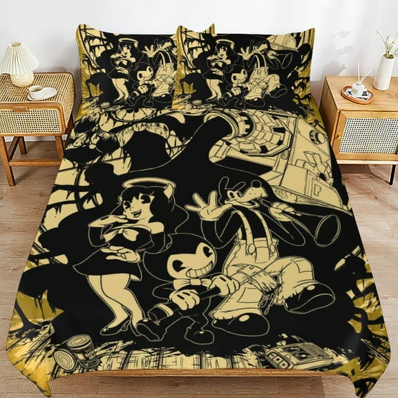 Thickened Bed Three Piece Set, Bendy And The Ink MachinePrinted Soft Bedding Set With Pillow Shams 102"x90"