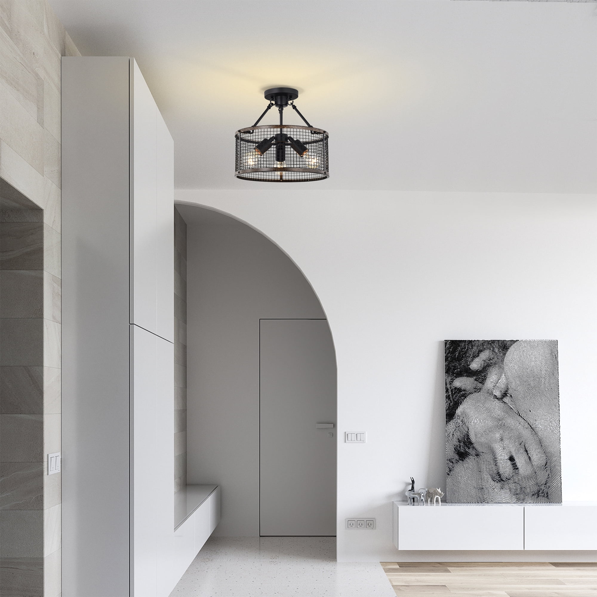 Warehouse of Tiffany Cerere Semi Flush Mount Ceiling Light Matte Black and Wood Grain Finish 3-Light