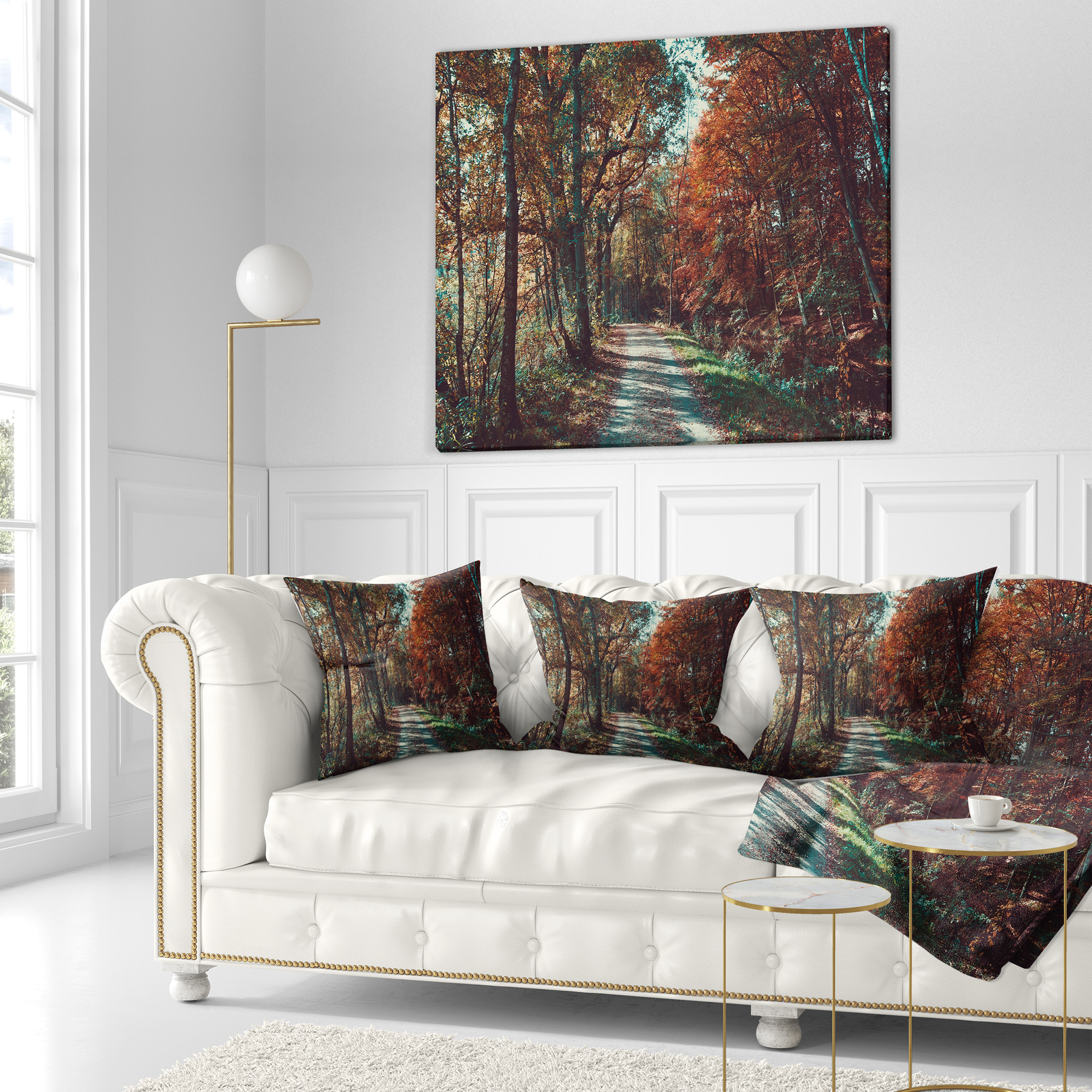 Designart Road Through Red Fall Forest - Landscape Photo Throw Pillow - 16x16