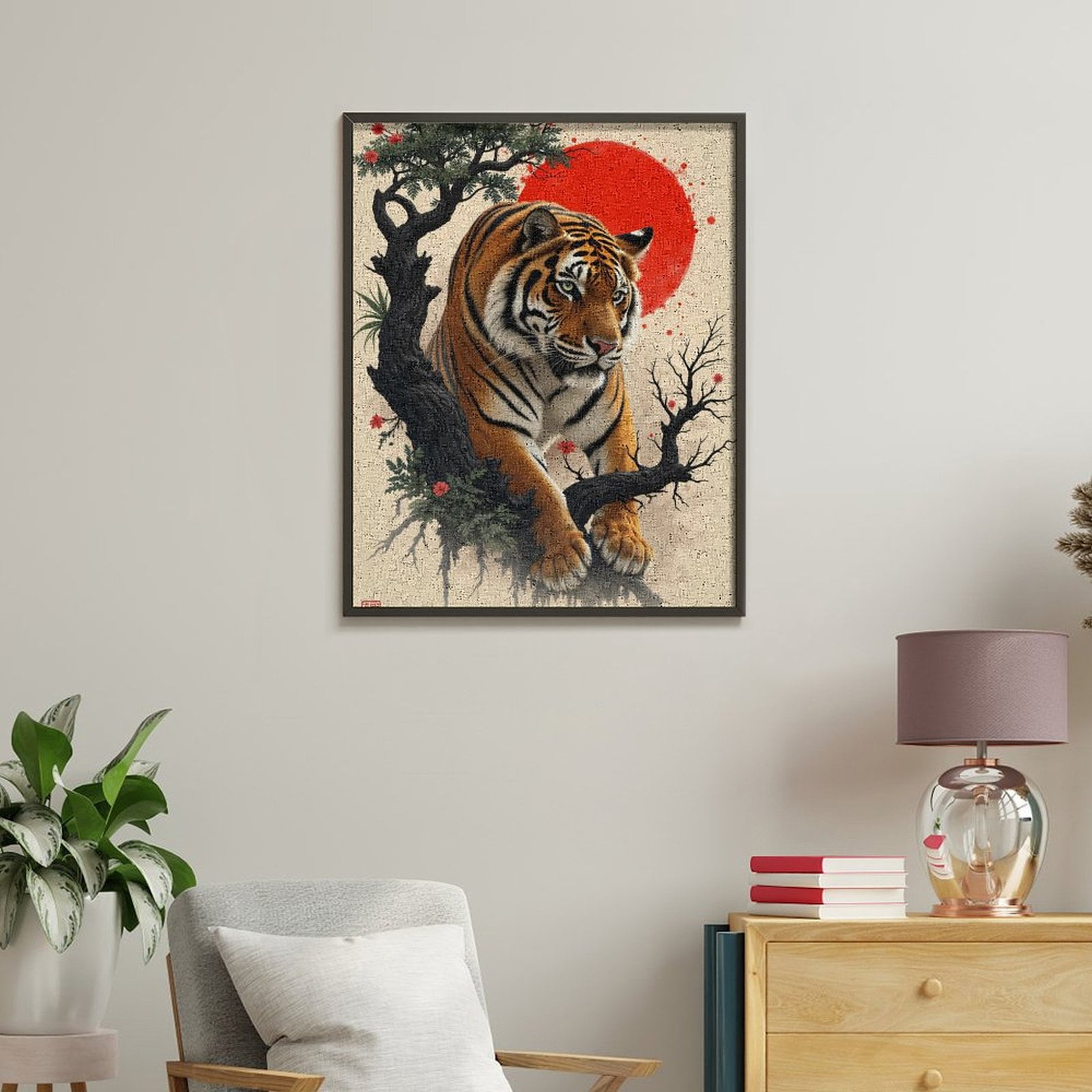 Paint By Numbers Kit for Adults Beginner - DIY Tiger Art Japanese Ink Sun Blossom Canvas Painting Kits for Adults, Frameless Paint By Number for Adults for Home Wall Decor 16x20 Inch