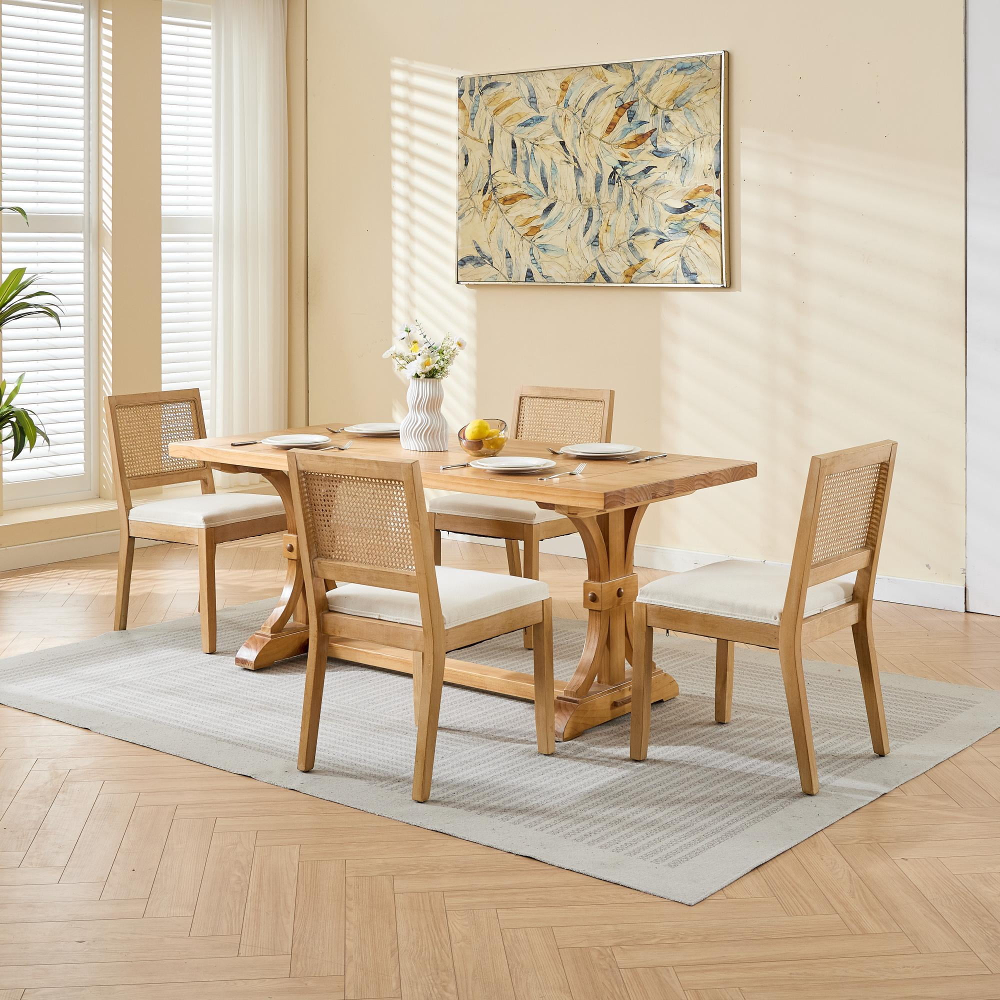 HOQBN Set of 2 Farmhouse Dining Chairs, Linen Upholstered Kitchen Chairs with Rattan Cane Inset Square Backrest for Kitchen Dining Home Office Commercial Use Beige