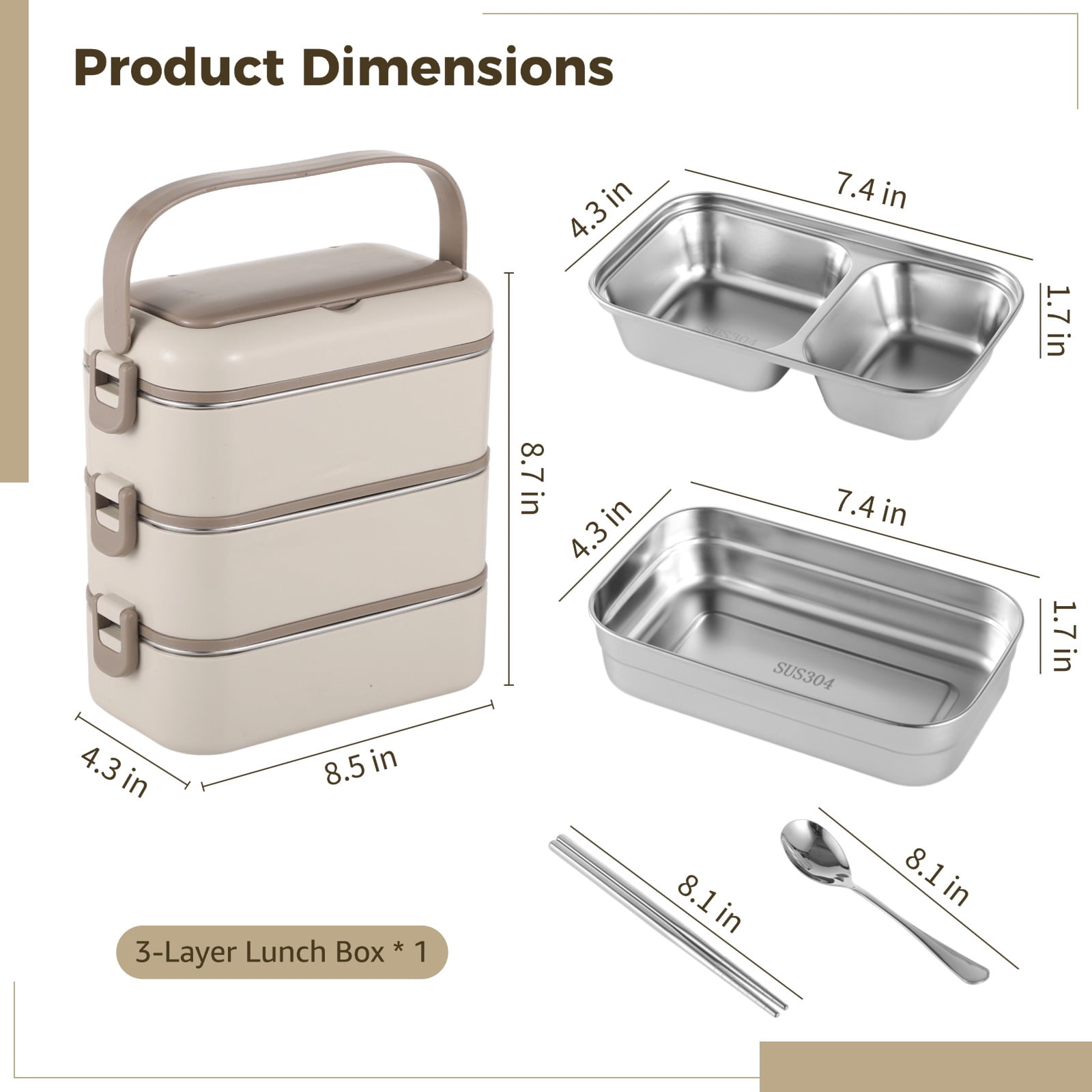 5.4L Stainless Steel 3-Layer Bento Box with Utensils & Handle - Leakproof Large Lunch Container for Work & Meal Prep, Microwave Safe