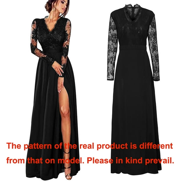 Women Lace Maxi Dress Deep V Neck Long Sleeve Side Split Slim Party Formal  Long Dress Black