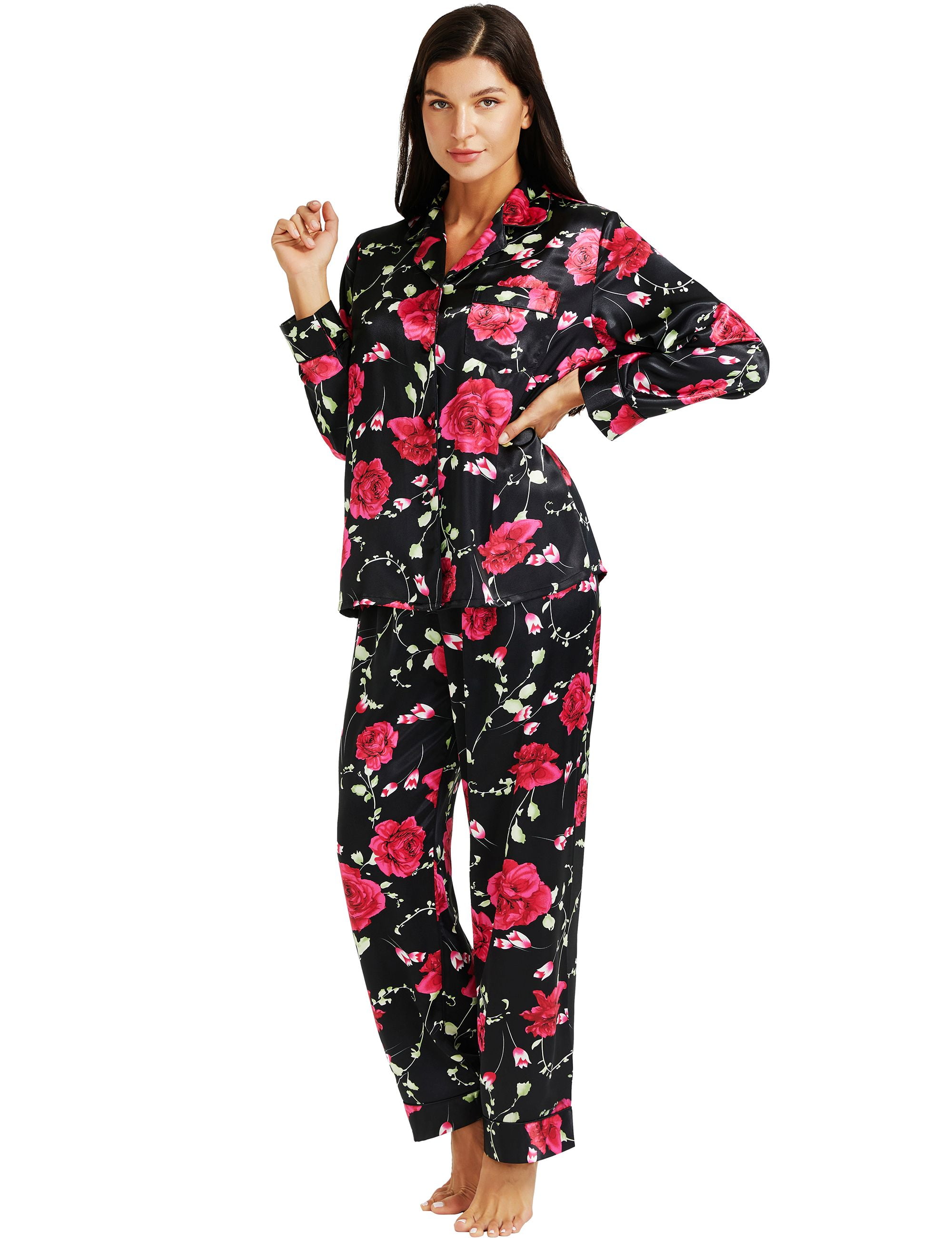 LONXU Women's Sleepwear Silk Satin Luxury Nightwear Sets XS-XXXL ...
