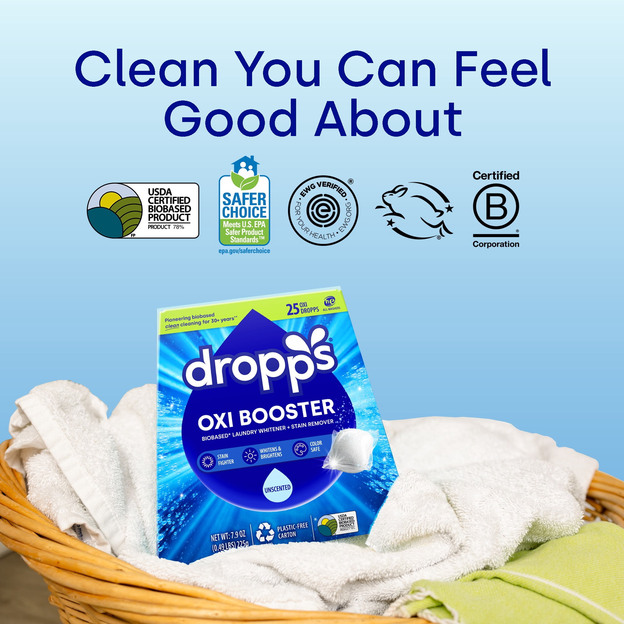 Dropps Oxi Booster Laundry Detergent Pods, Biobased, Unscented, 64 Ct