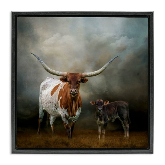 Stupell Industries Longhorn & Calf Babysitter Animals & Insects Painting Black Floater Framed Canvas Art Print Wall Art, 18 x 18