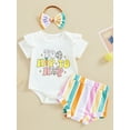 thumbnail image 2 of Suealasg Newborn Girl 3Pcs Easter Outfits Short Sleeve Crew Neck Letters Print Romper Top Striped Shorts Headband 0-18 Months	Infant Baby Girl Summer Clothes, 2 of 9