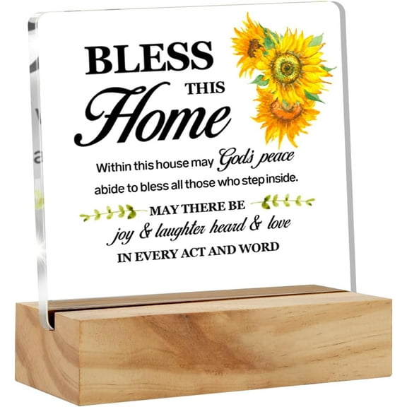 House Warming Gifts Housewarming Gifts for Women Men, Bless This Home Sunflower Quote Clear Acrylic Sign with Wood Stand Table Sign Decoration 4x4 Inch