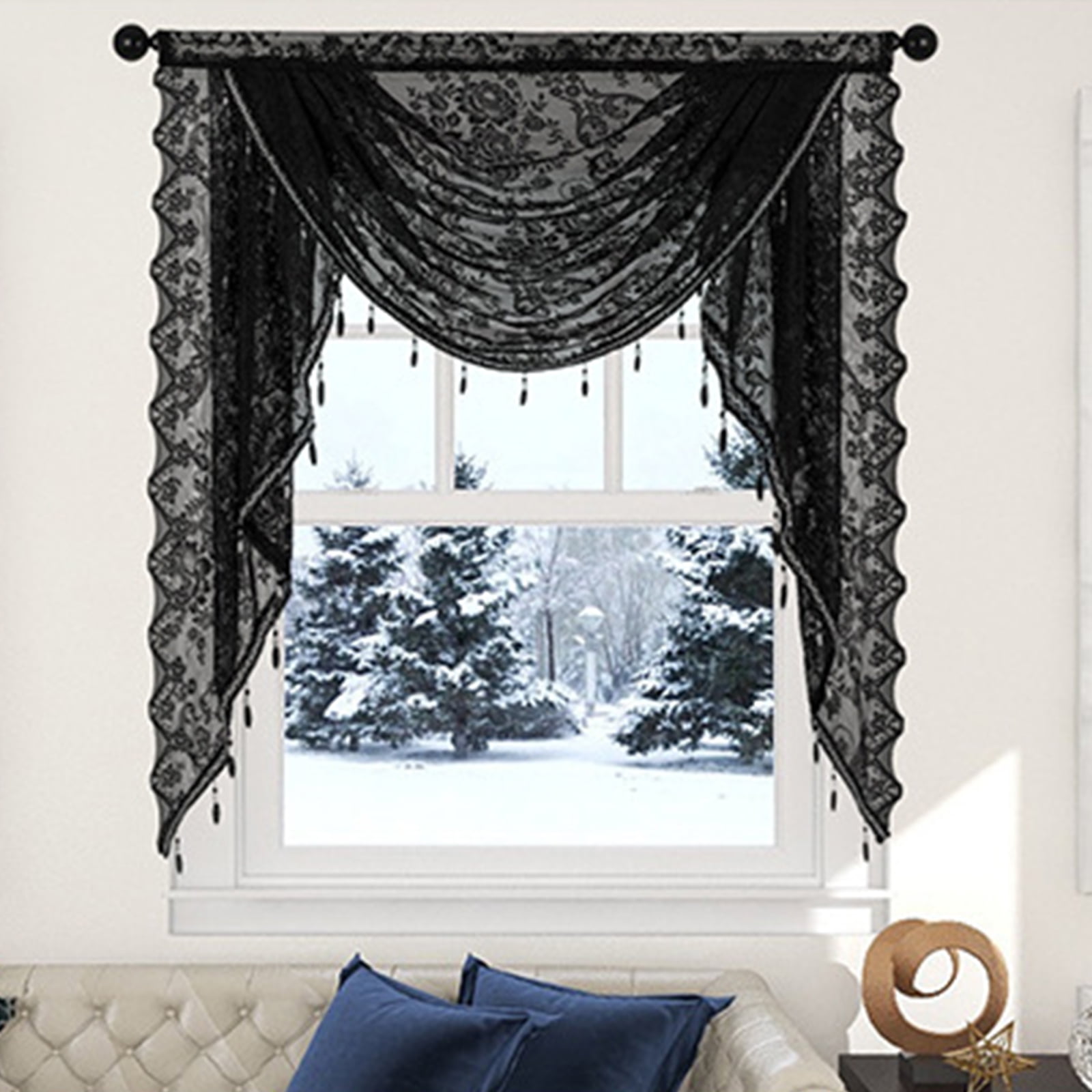 RUISINERY Elegant Laces Valance with Beadeds Tassels and Florals Embroidery for Bedroom Living Room Kitchen Basement