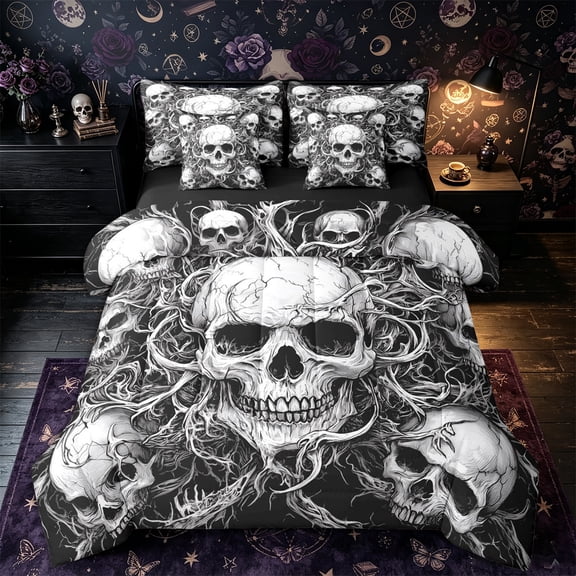 Castle Fairy Dark Gothic Skull 7-Piece Twin Bedding,Happy Halloween Bedding Comforter Set,White Black,Black Reversible