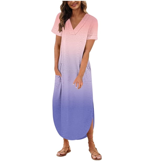 Vestido de Manga Corta para las Mujeres, Vestido Casual de Cuello en V de Bolsillo de Impresión de Moda Sexy Hecho de Poliéster Ligero para el Verano, Vestido de Verano para las Mujeres