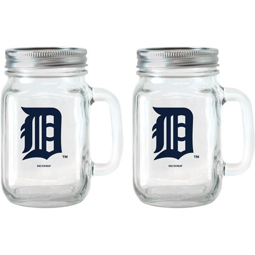 MLB 16 oz Detroit Tigers Glass Jar with Lid and Handle, 2pk