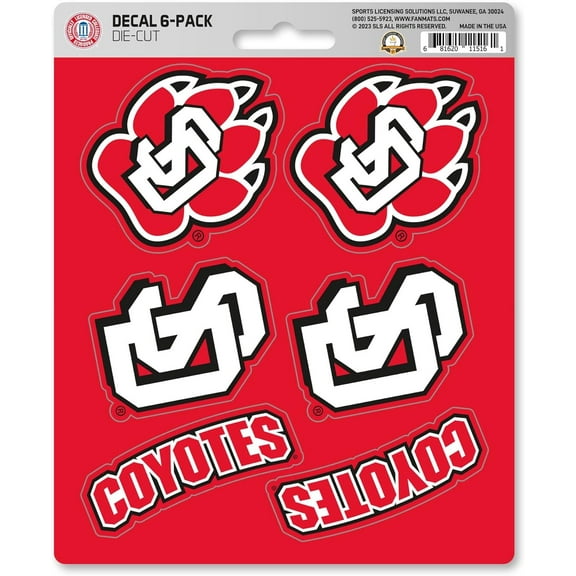 University of South Dakota Coyotes 6-Piece Decal Sticker Set, 5x6 Inch Sheet, Gift for football fans for any hard surfaces around home, automotive, personal items