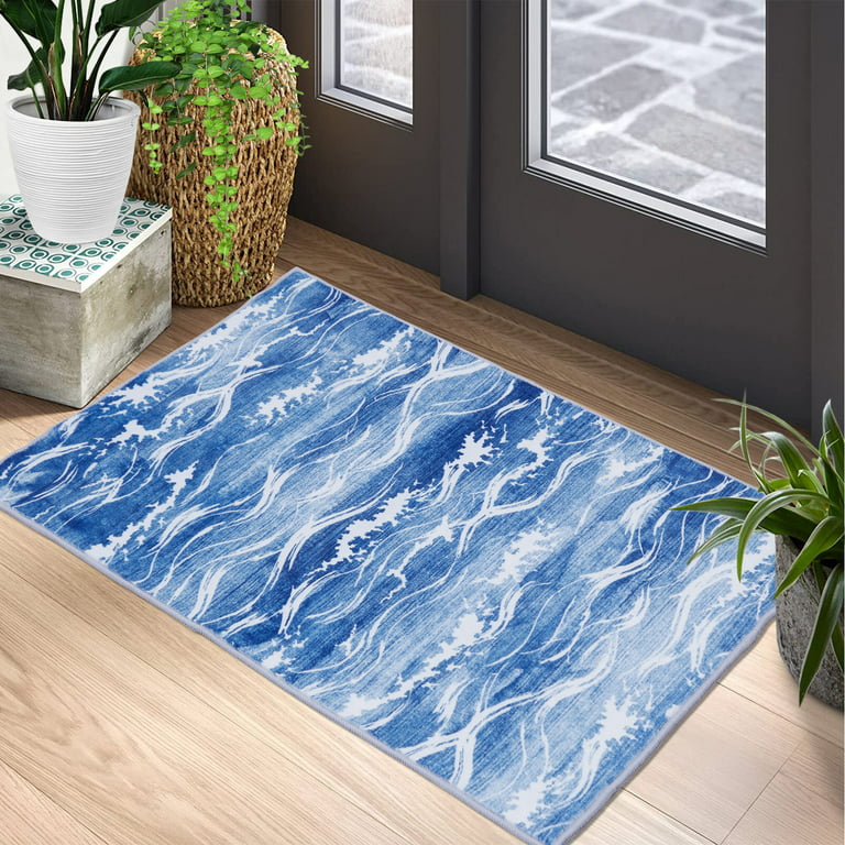 Small Indoor Outdoor Area Rug Machine Washable Rug Low Pile Throw Kitchen  Rug Non Slip Wave Pattern Area Rug, 2' x 3' Blue 