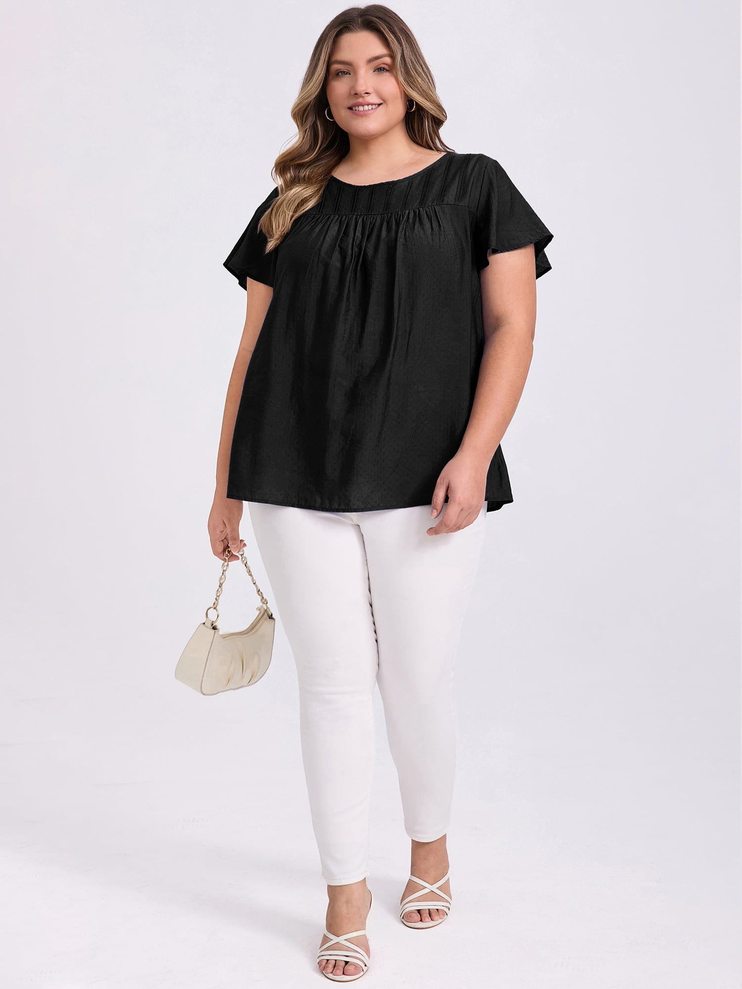 DARING DIVA Women's Plus Crew Neck Ruffle Casual Blouse 1X Black
